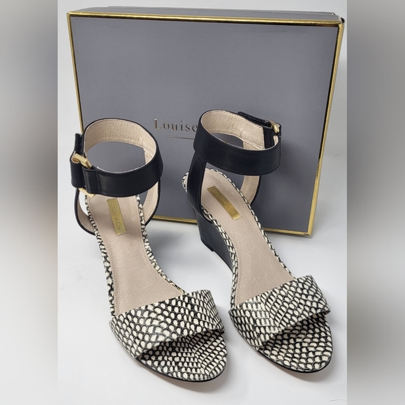 Louise et Cie Black and White Wedge Shoes with Textured Design and Ankle Strap - Picture 7 of 14